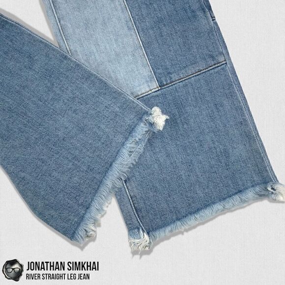 JONATHAN SIMKHAI RIVER STRAIGHT LEG DISTRESSED PATCHWORK JEANS IN INDIGO BLUE 27 - Picture 5 of 16